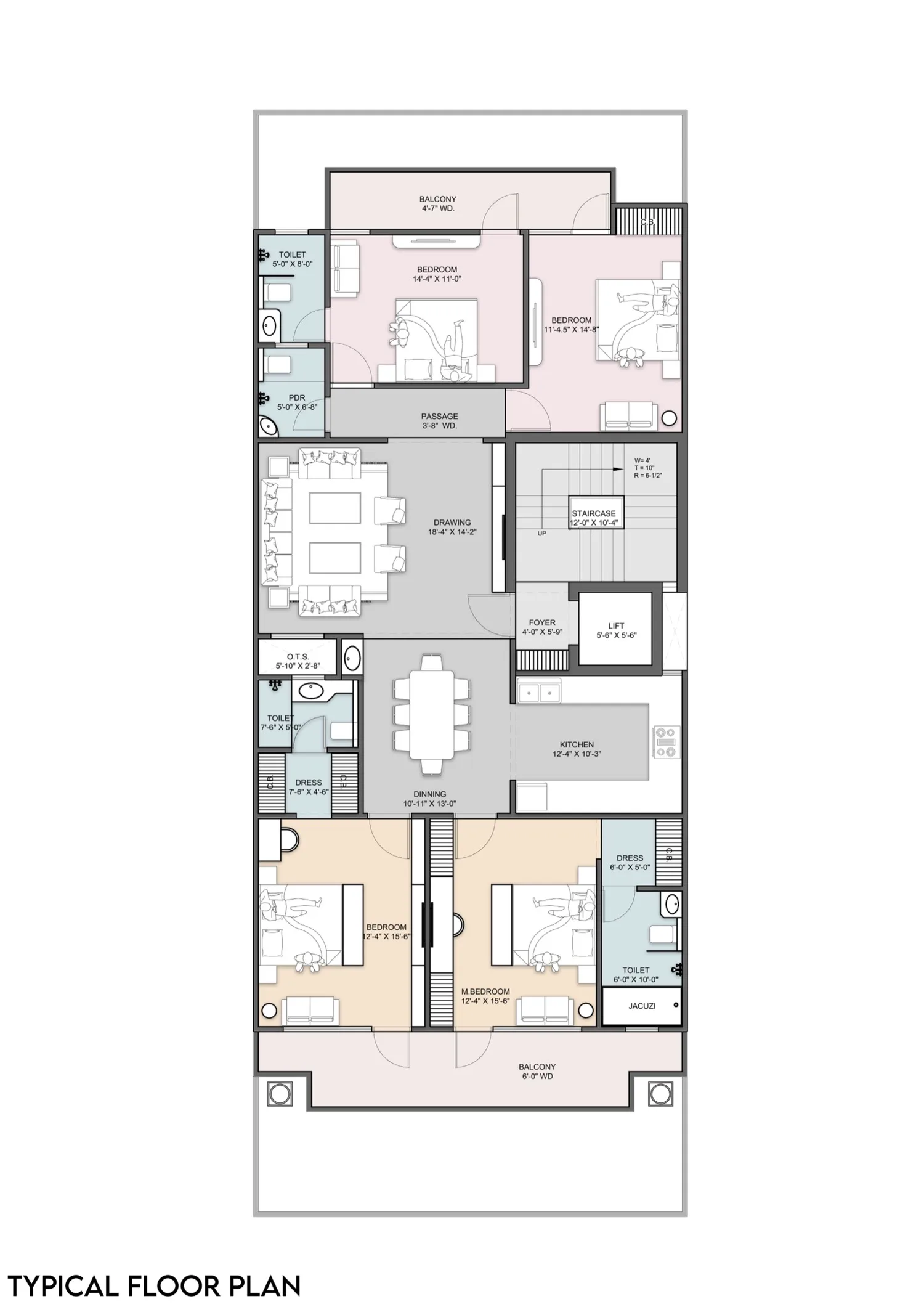 Riverside City — typical 4 BHK floor plan, plot 9.70 × 25.00 m